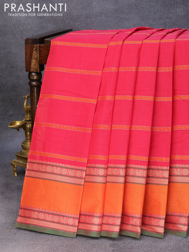 Kanchi cotton saree pink and dual shade of orange with allover thread stripe weaves and rettapet thread woven border