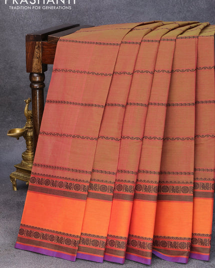 Kanchi cotton saree dual shade of greenish pink and dual shade of orange with allover thread stripe weaves and rettapet thread woven border