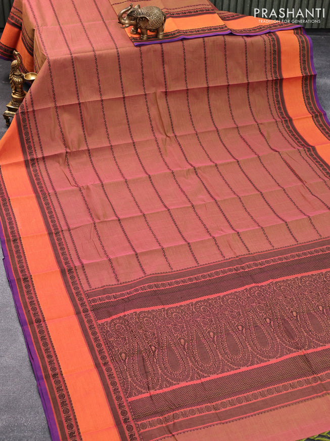 Kanchi cotton saree dual shade of greenish pink and dual shade of orange with allover thread stripe weaves and rettapet thread woven border