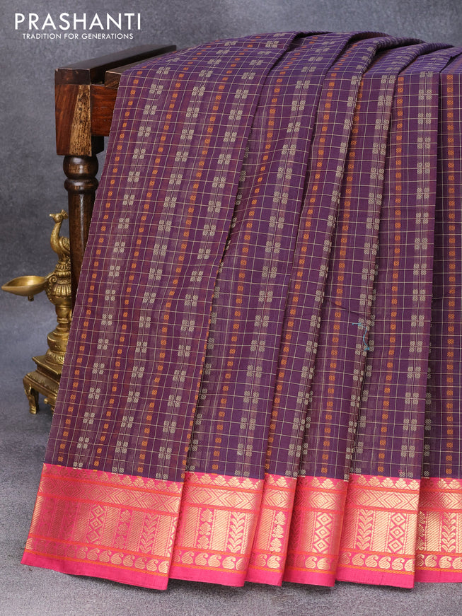 Kanchi cotton saree wine shade and pink with allover thread checks & buttas and zari woven bordee