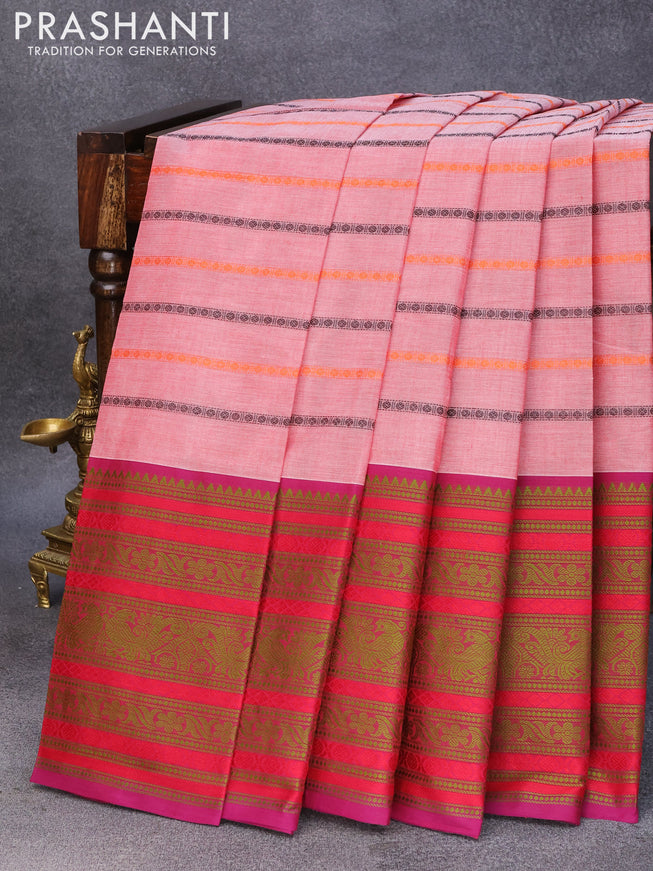 Kanchi cotton saree red shade and purple with allover thread stripe weaves and long thread woven border