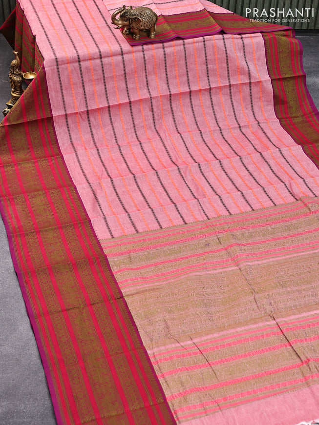 Kanchi cotton saree red shade and purple with allover thread stripe weaves and long thread woven border