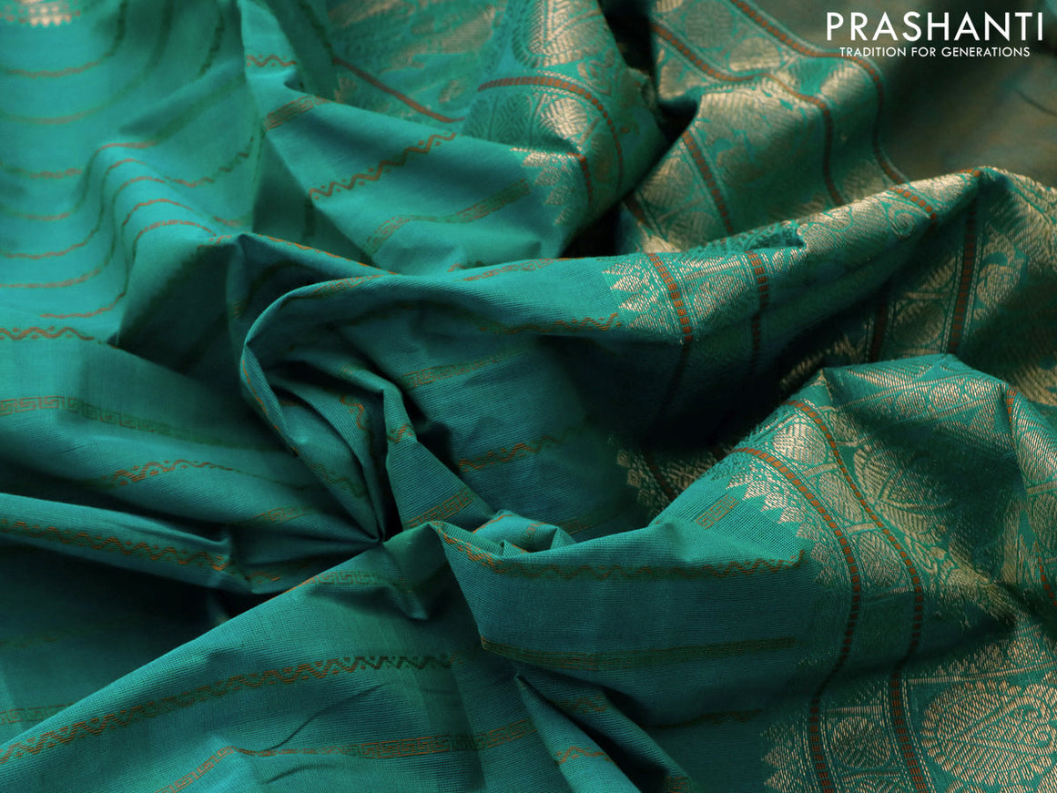 Kanchi cotton saree teal green and dual shade of red with allover thread stripe weaves and rettapet zari woven border