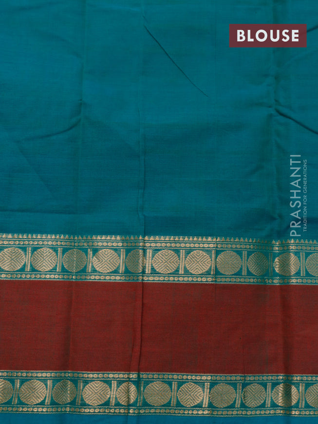 Kanchi cotton saree teal green and dual shade of red with allover thread stripe weaves and rettapet zari woven border