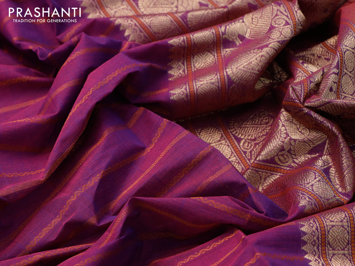 Kanchi cotton saree dual shade of purple and blue with allover thread stripe weaves and rettapet zari woven border