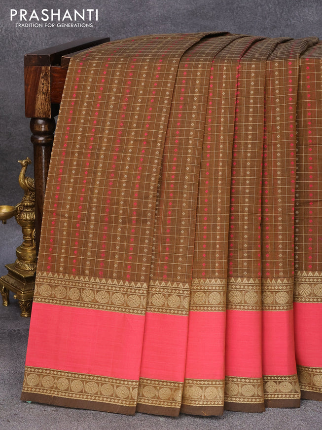 Kanchi cotton saree sap green and maroon with allover thread checked pattern and rettapet thread woven border