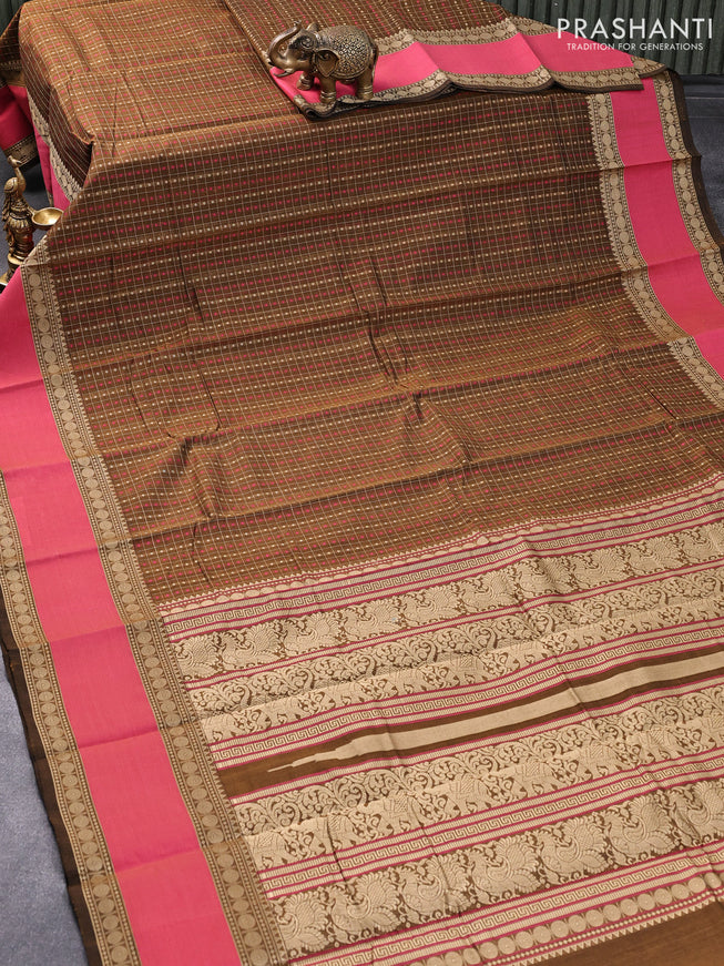Kanchi cotton saree sap green and maroon with allover thread checked pattern and rettapet thread woven border