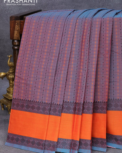 Kanchi cotton saree dual shade of bluish maroon and orange with allover thread checked pattern and rettapet thread woven border