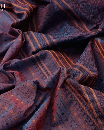 Kanchi cotton saree dual shade of bluish maroon and orange with allover thread checked pattern and rettapet thread woven border