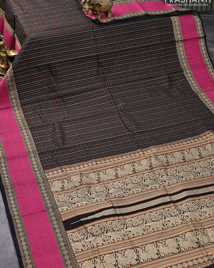 Kanchi cotton saree black and magenta pink with allover thread checks & 1000 buttas and rettapet thread woven border