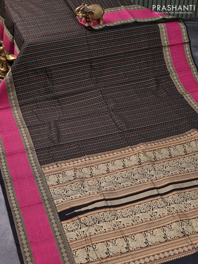 Kanchi cotton saree black and magenta pink with allover thread checks & 1000 buttas and rettapet thread woven border