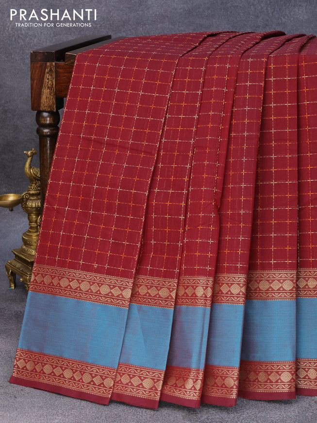 Kanchi cotton saree maroon and teal blue with allover thread woven checked pattern and rettapet thread woven border