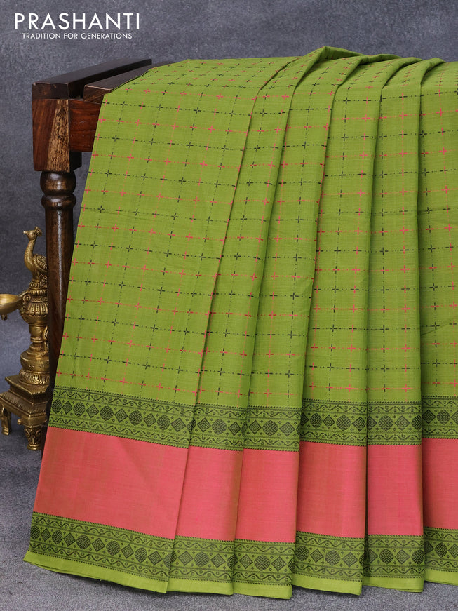 Kanchi cotton saree light green and dual shade of pink with allover thread woven checked pattern and rettapet thread woven border