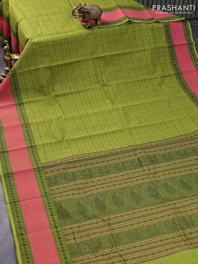 Kanchi cotton saree light green and dual shade of pink with allover thread woven checked pattern and rettapet thread woven border