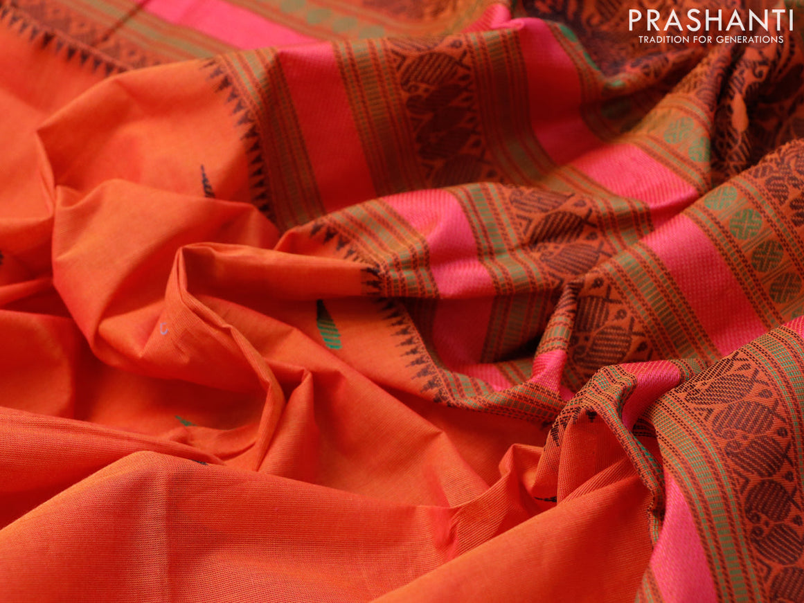 Kanchi cotton saree sunset orange and pink with thread woven buttas and thread woven simple border