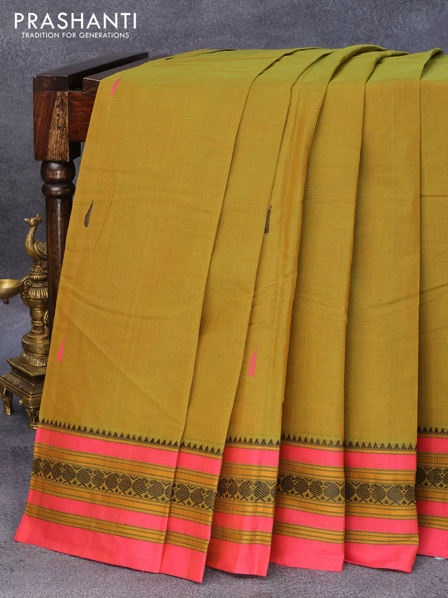 Kanchi cotton saree mehendi green and pink with thread woven buttas and thread woven simple border