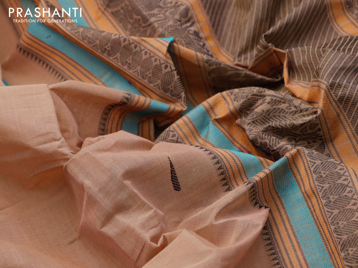 Kanchi cotton saree beige and teal blue with thread woven buttas and thread woven simple border