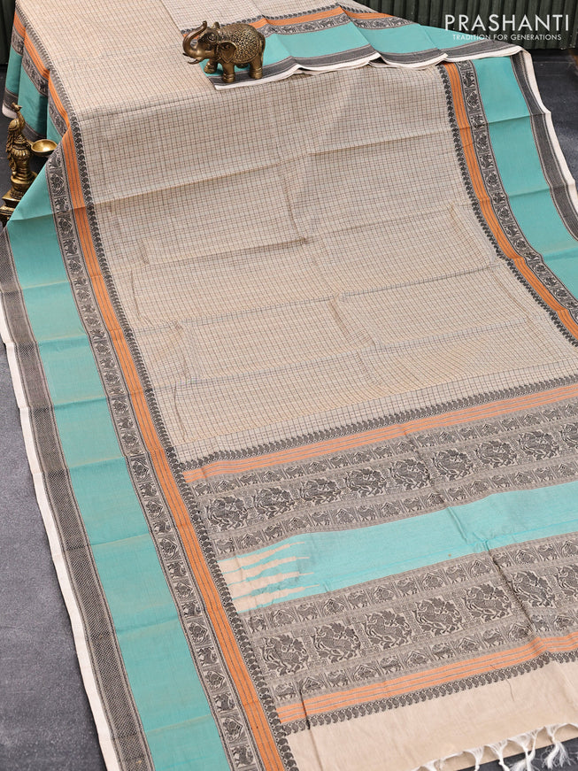 Kanchi cotton saree beige and teal green with allover thread checks & 1000 buttas and rettapet thread woven border