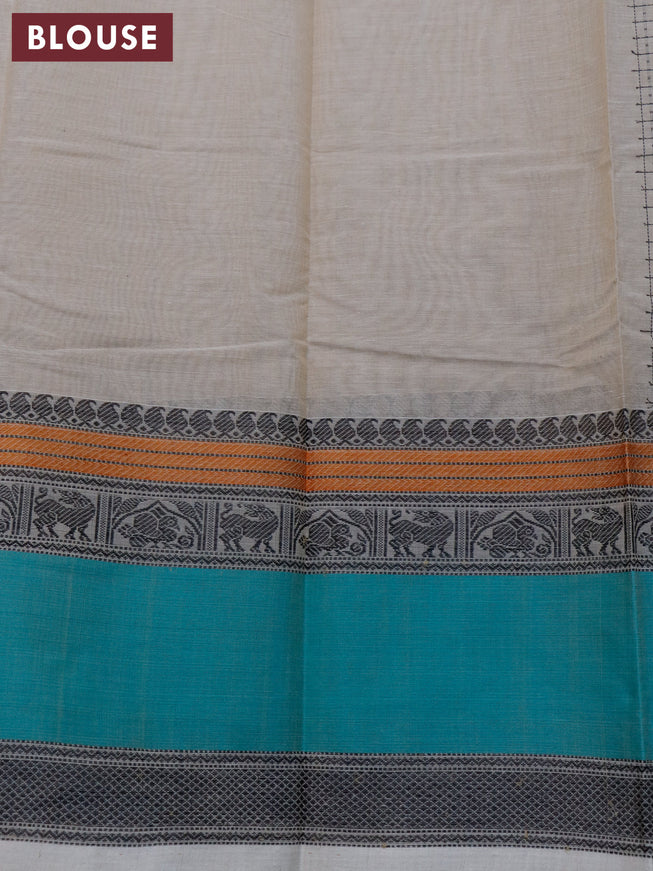 Kanchi cotton saree beige and teal green with allover thread checks & 1000 buttas and rettapet thread woven border