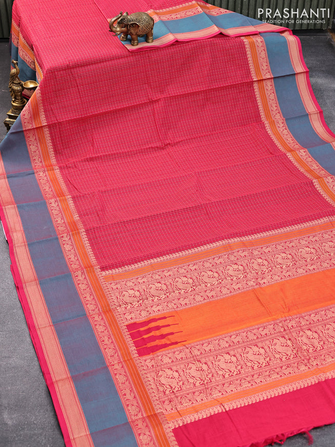 Kanchi cotton saree pink and teal blue with allover thread checks & 1000 buttas and rettapet thread woven border