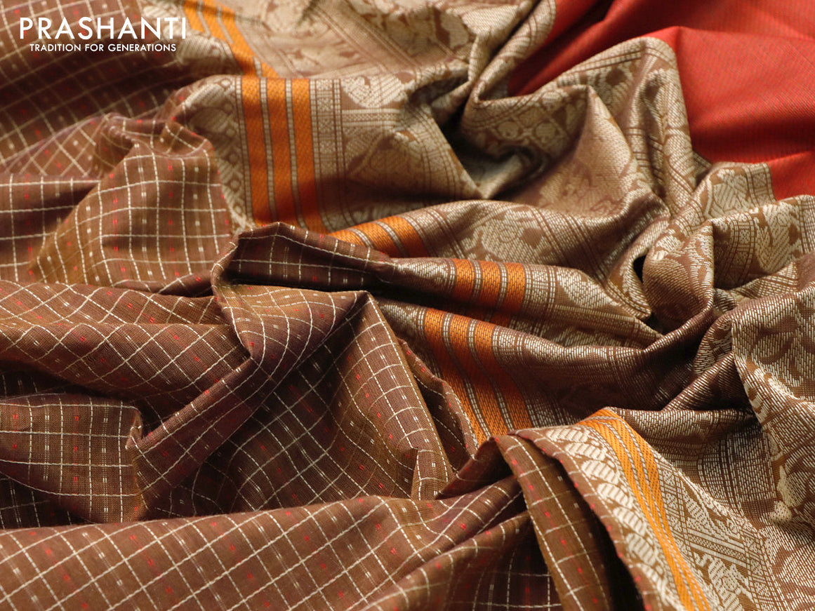 Kanchi cotton saree honey shade and red with allover thread checks & 1000 buttas and rettapet thread woven border
