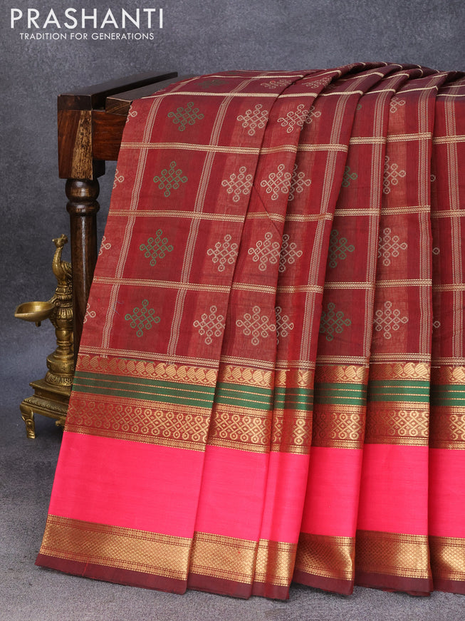 Kanchi cotton saree maroon and pink with thread woven checks & buttas and rettapet zari woven border