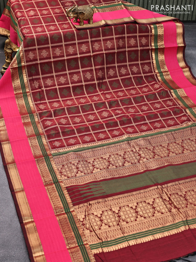 Kanchi cotton saree maroon and pink with thread woven checks & buttas and rettapet zari woven border