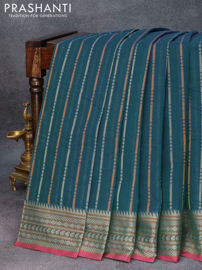 Kanchi cotton saree dual shade of teal green and magenta pink with allover thread weaves and thread woven border