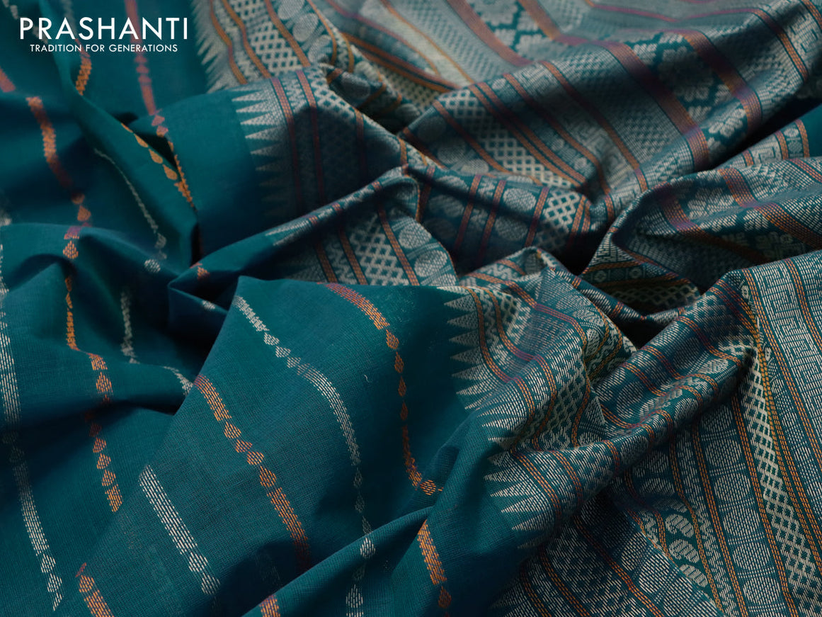 Kanchi cotton saree dual shade of teal green and magenta pink with allover thread weaves and thread woven border