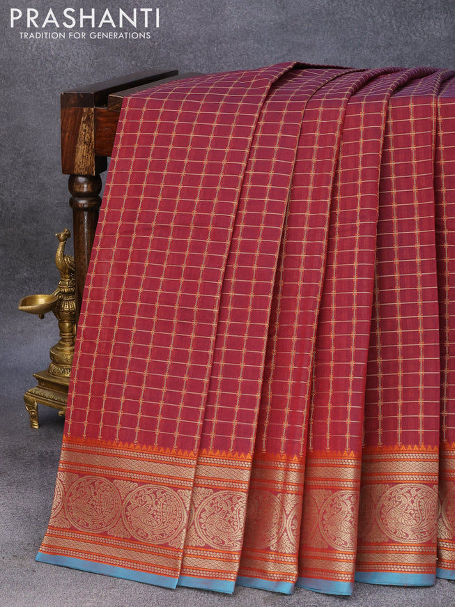 Kanchi cotton saree maroon and teal blue with allover checked pattern and thread woven border