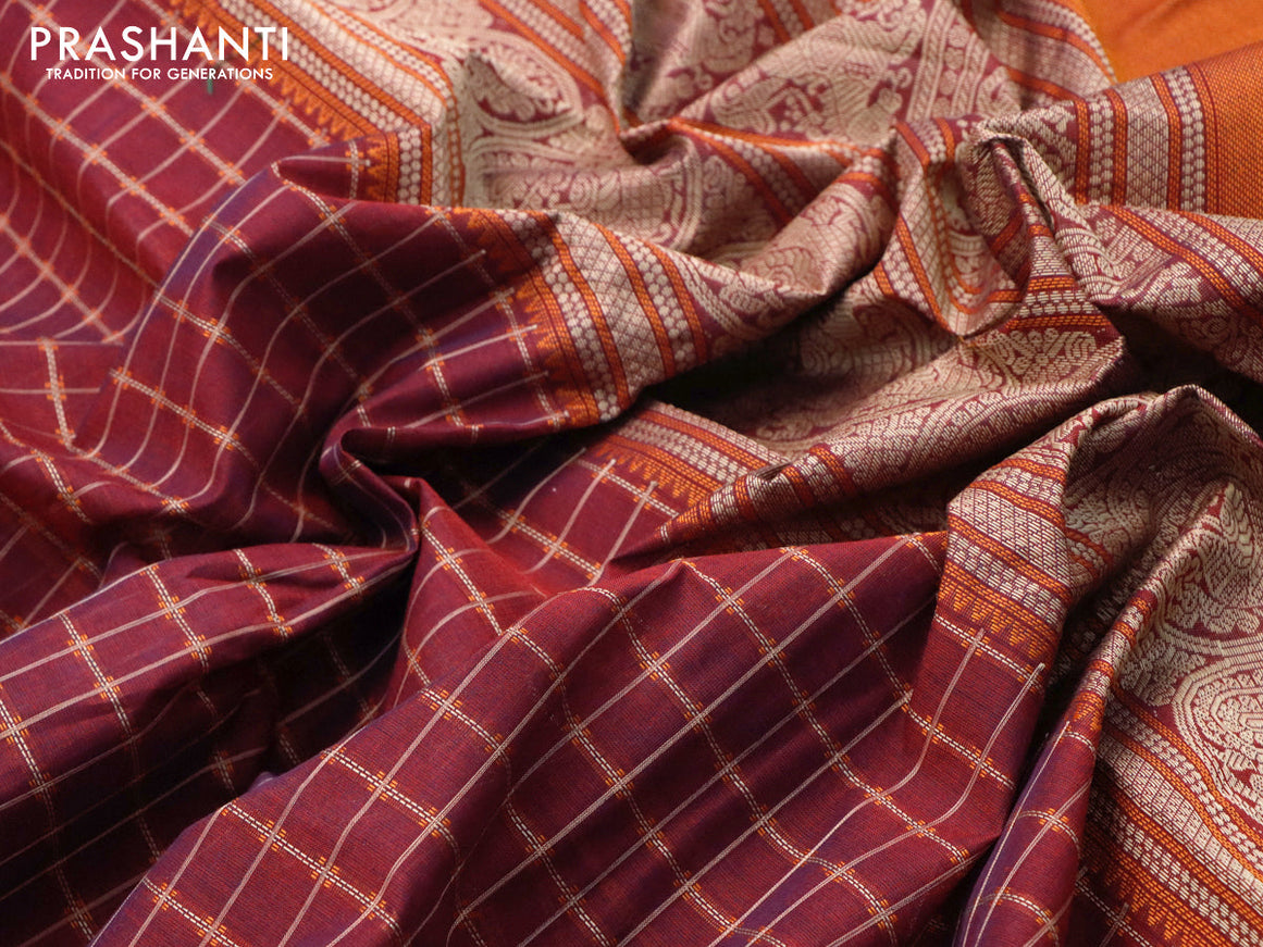 Kanchi cotton saree maroon and teal blue with allover checked pattern and thread woven border
