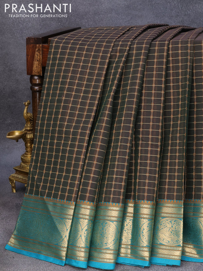 Kanchi cotton saree green and teal blue with allover checked pattern and zari woven border