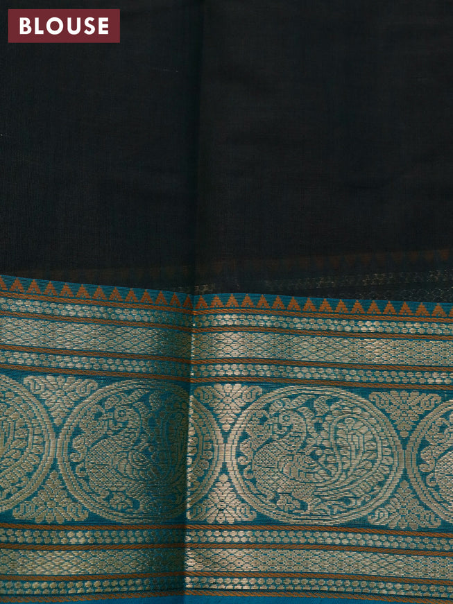 Kanchi cotton saree green and teal blue with allover checked pattern and zari woven border