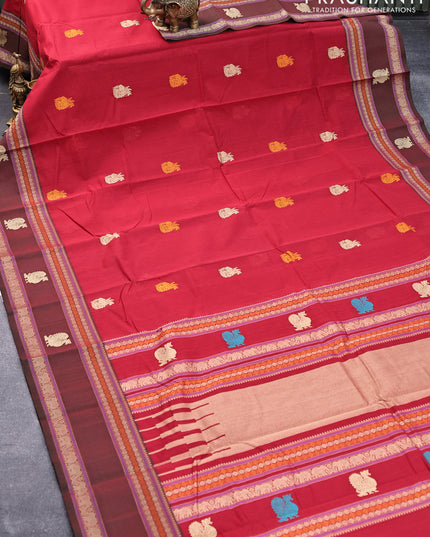 Kanchi cotton saree red and manthulir green with thread woven buttas and rettapet thread woven border