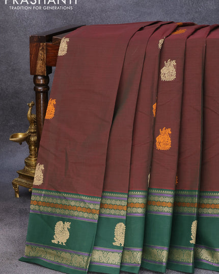 Kanchi cotton saree manthulir green and green with thread woven buttas and rettapet thread woven border