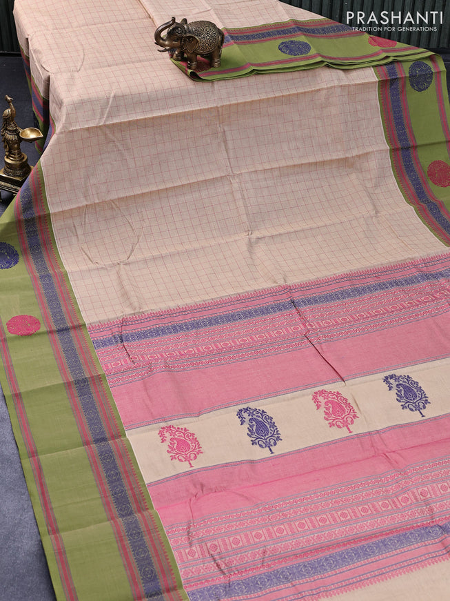 Kanchi cotton saree beige and green with allover thread checked pattern and thread woven butta border
