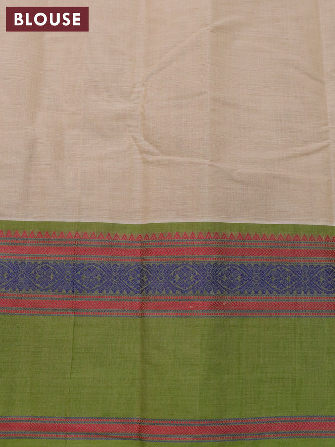 Kanchi cotton saree beige and green with allover thread checked pattern and thread woven butta border