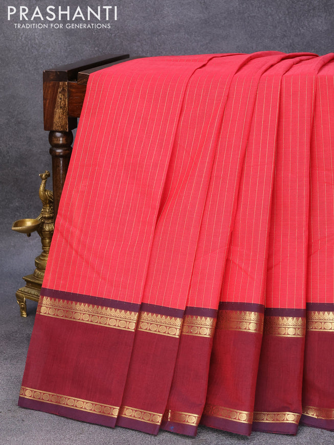 Kanchi cotton saree reddish pink and deep maroon with allover zari stripe pattern and rettapet zari woven border