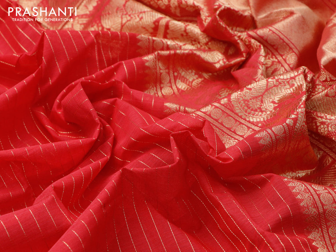 Kanchi cotton saree reddish pink and deep maroon with allover zari stripe pattern and rettapet zari woven border