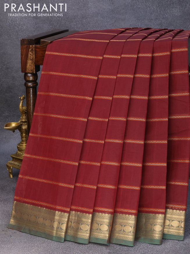 Kanchi cotton saree maroon and green with allover thread woven stripe weaves and zari woven border