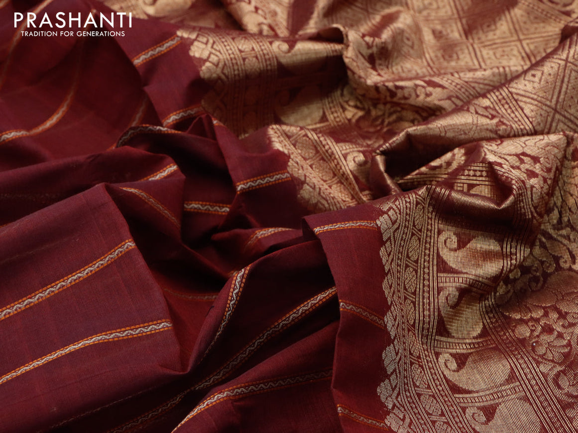 Kanchi cotton saree maroon and green with allover thread woven stripe weaves and zari woven border