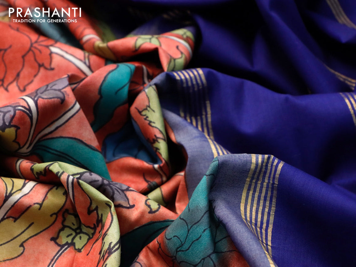 Pure kanjivaram silk saree red shade and dark blue with allover pen kalamkari prints and temple design rettapet zari woven border
