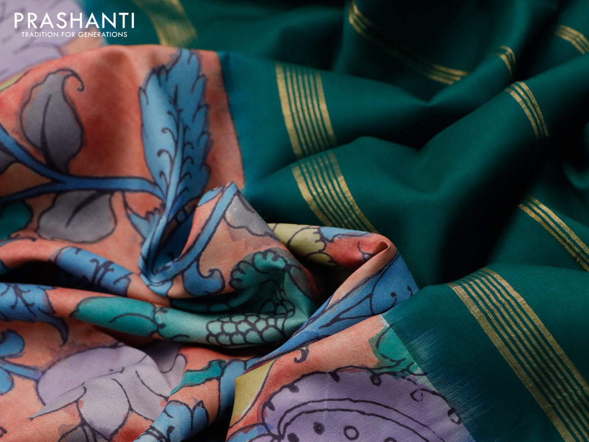 Pure kanjivaram silk saree pastel marron and green with allover pen kalamkari prints and temple design rettapet zari woven border