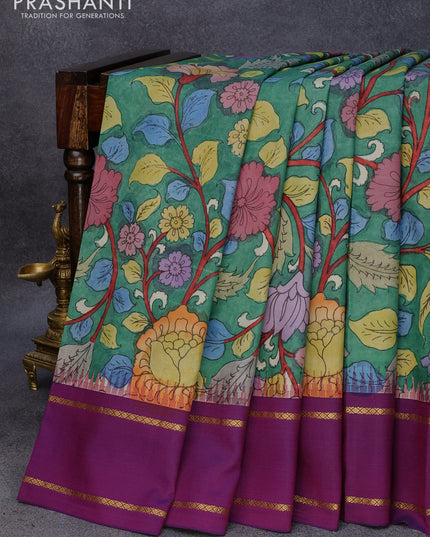 Pure kanjivaram silk saree green and purple with allover pen kalamkari prints and temple design ganga jamuna zari woven border