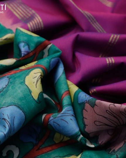 Pure kanjivaram silk saree green and purple with allover pen kalamkari prints and temple design ganga jamuna zari woven border