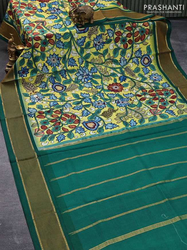 Pure kanjivaram silk saree fluorescent green and green with allover pen kalamkari prints and temple design rettapet zari woven border