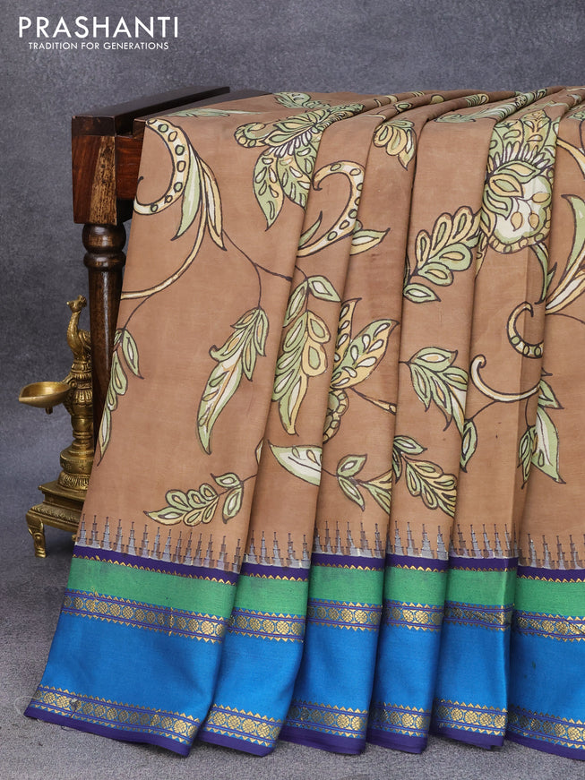 Pure kanjivaram silk saree brown shade and dark blue with allover pen kalamkari prints and temple design rettapet zari woven border