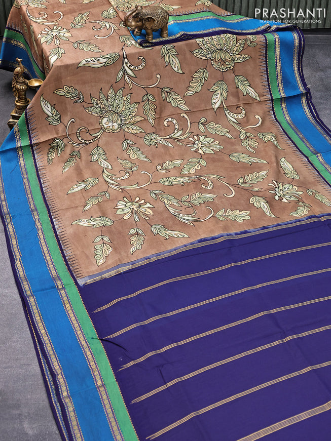 Pure kanjivaram silk saree brown shade and dark blue with allover pen kalamkari prints and temple design rettapet zari woven border
