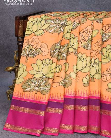 Pure kanjivaram silk saree orange and pink with allover pen kalamkari prints and temple design rettapet zari woven border