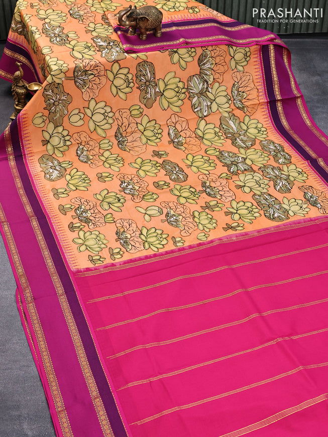 Pure kanjivaram silk saree orange and pink with allover pen kalamkari prints and temple design rettapet zari woven border